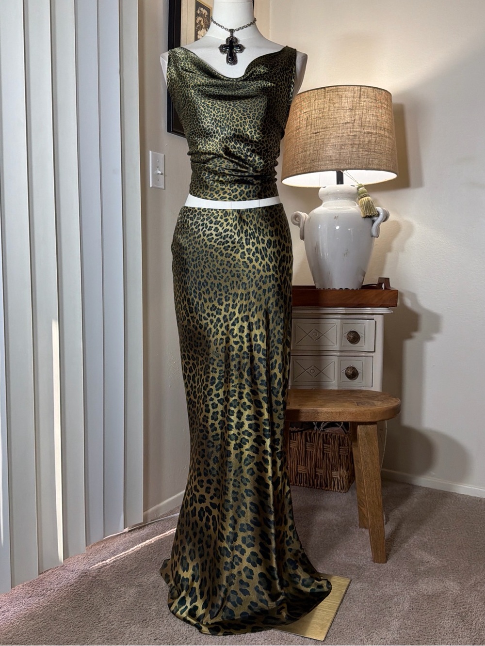 Cache Olive Green Leopard-Print Satin Cowl Neck Top Maxi Skirt Set